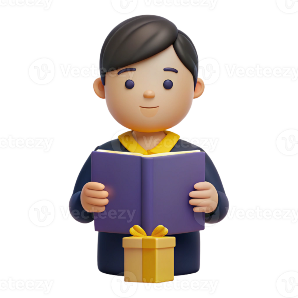3D Cartoon Character Reading a Book with Gift Box png