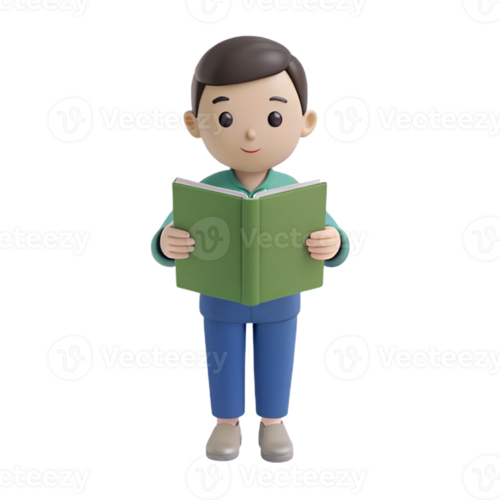 3D Cartoon Character Reading a Book png