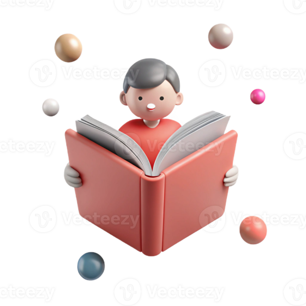 3D Cartoon Illustration of a Boy Reading a Book png