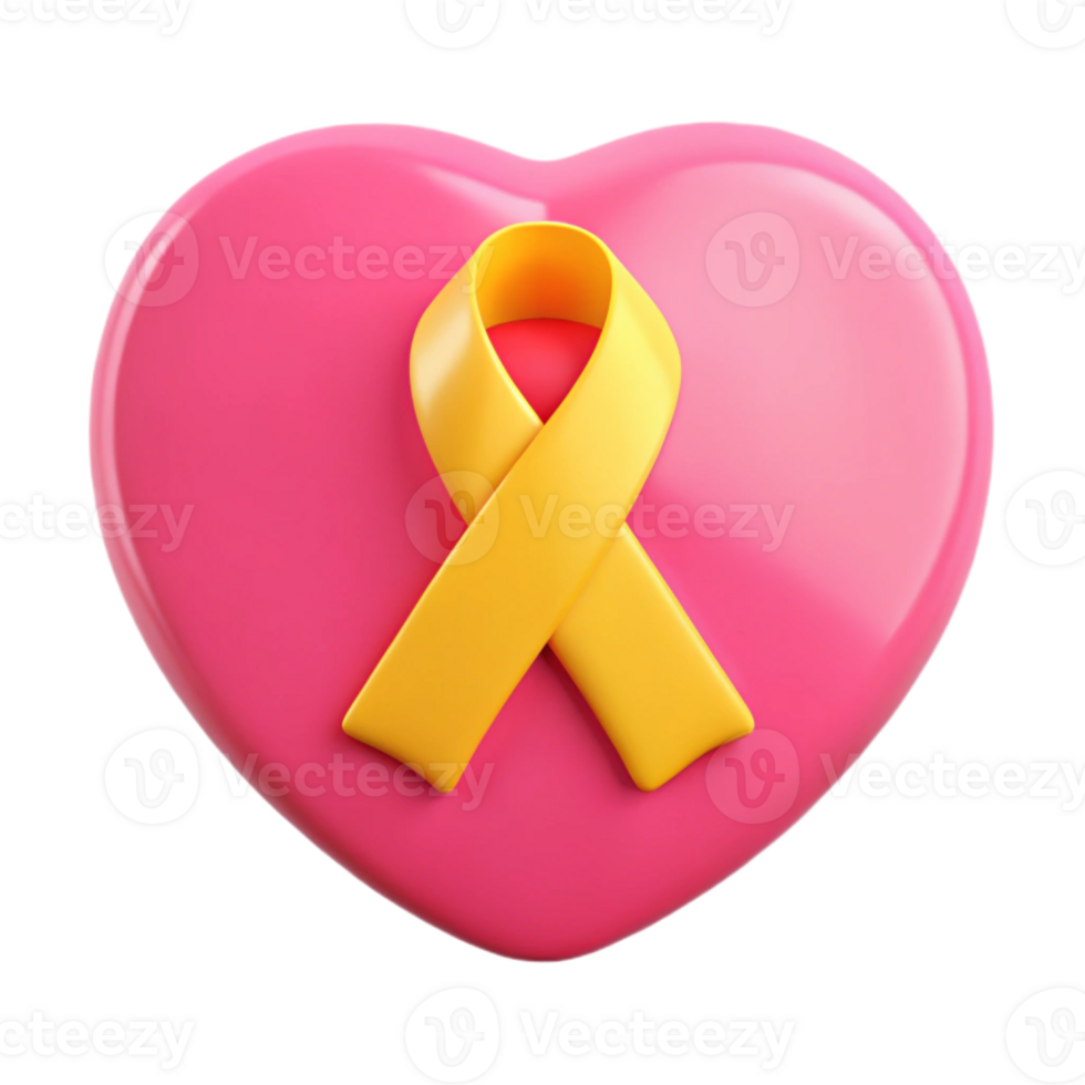 Yellow Ribbon on Pink Heart 3D Render png