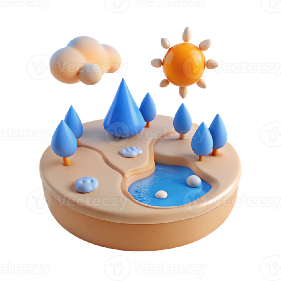 3D Rendered Illustration of a Sun, Cloud, and a Small Island with a Lake and Trees png