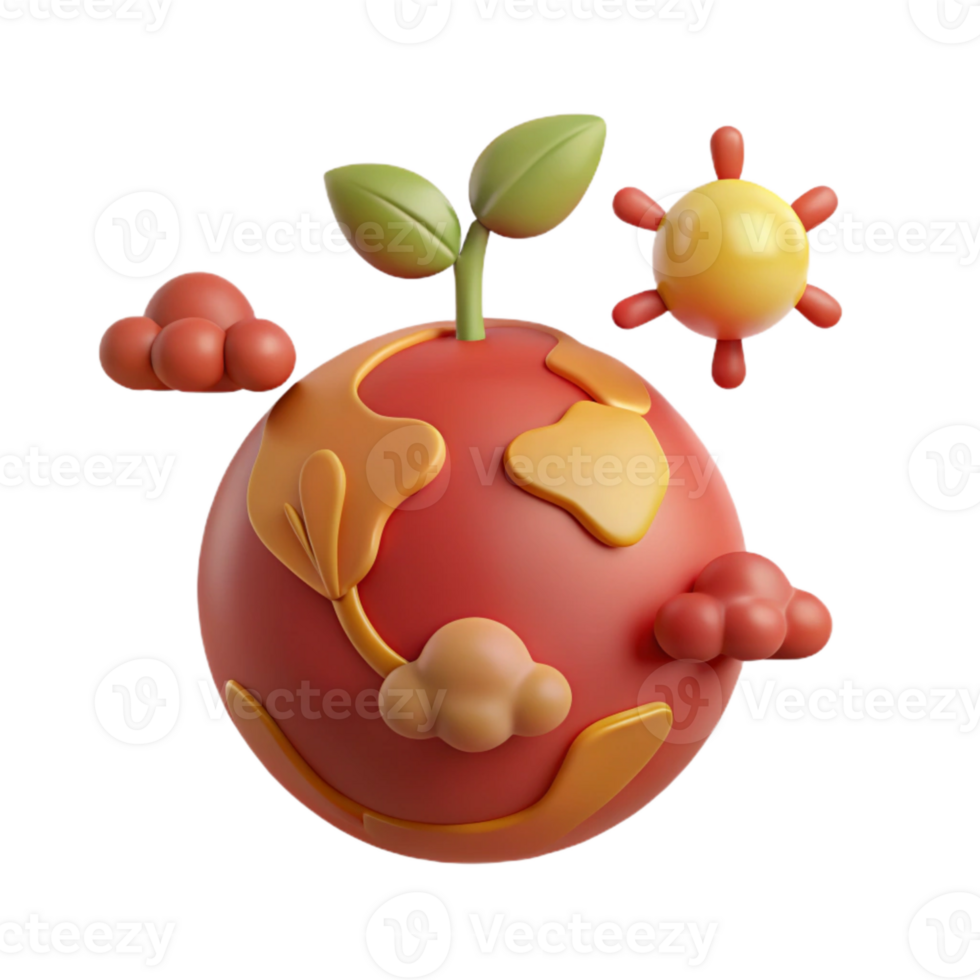 3D Illustration of Earth with Sun, Clouds, and a Growing Plant png