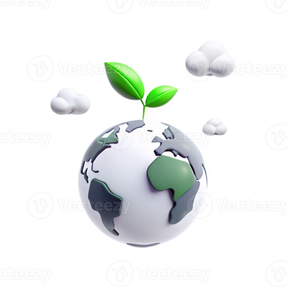 3D Earth Globe with Green Sprout and Clouds png