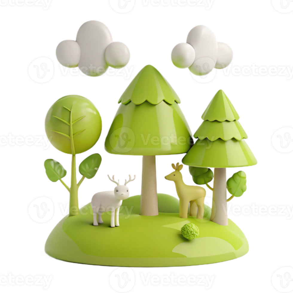 3D Render of a Cartoon Forest Scene with Trees, Deer, and Clouds png