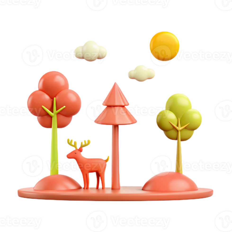 3D Rendered Illustration of a Deer in a Forest with Trees and a Sun png