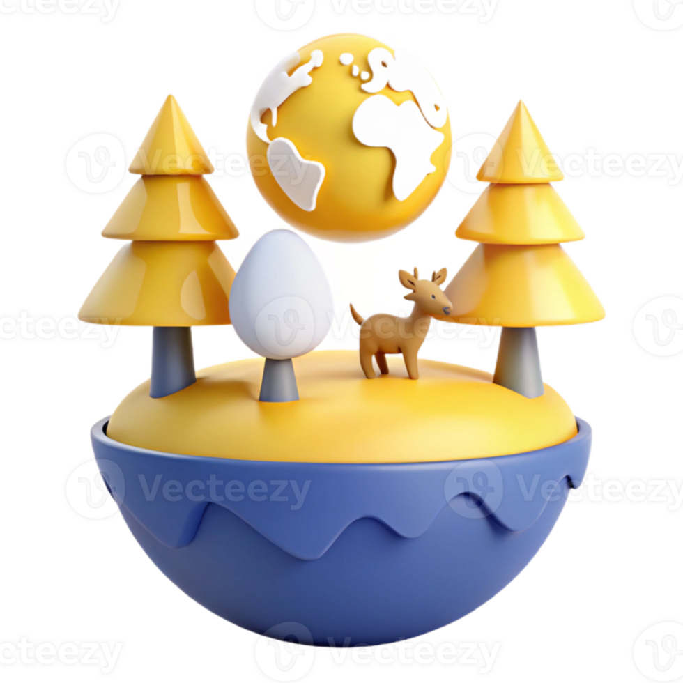 3D Render of a Small Island with a Deer, Trees, and a Globe png