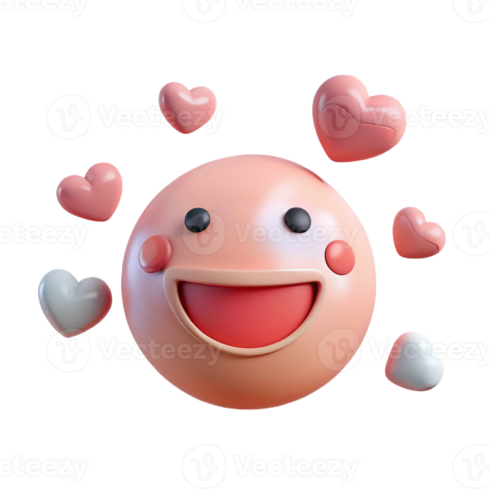 3D Emoji Happy Face Surrounded by Hearts png