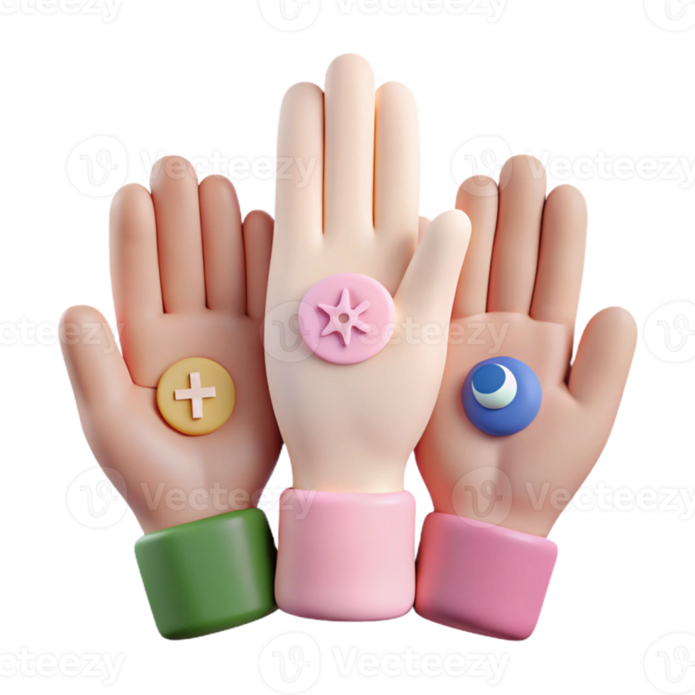 3D Cartoon Hands Holding Symbols Plus Sign, Star, Crescent Moon png