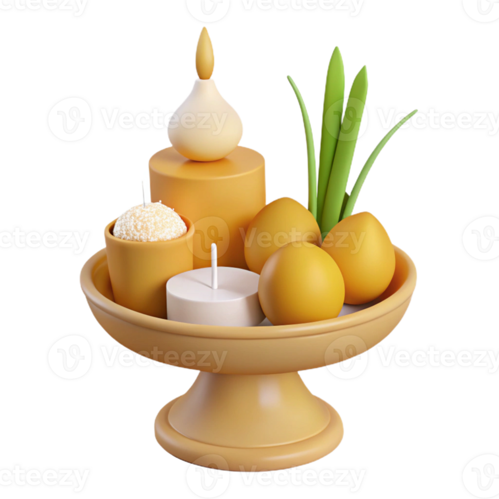 3D Render of Traditional Offering Tray with Candles and Fruit png