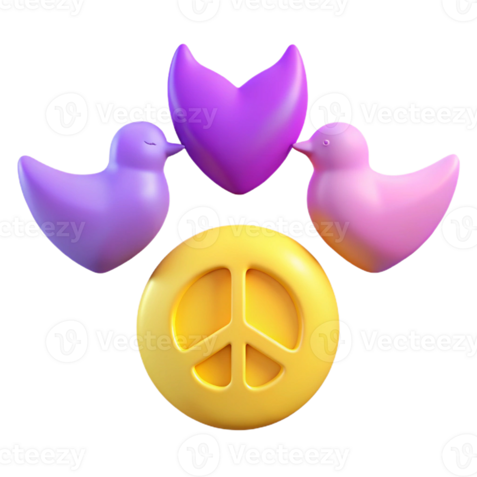 3D Render of a Peace Sign with Two Birds and a Heart png