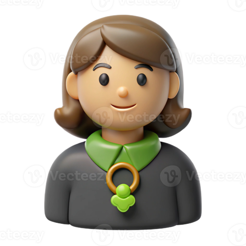 Smiling 3D Cartoon Woman with Brown Hair and Green Outfit png
