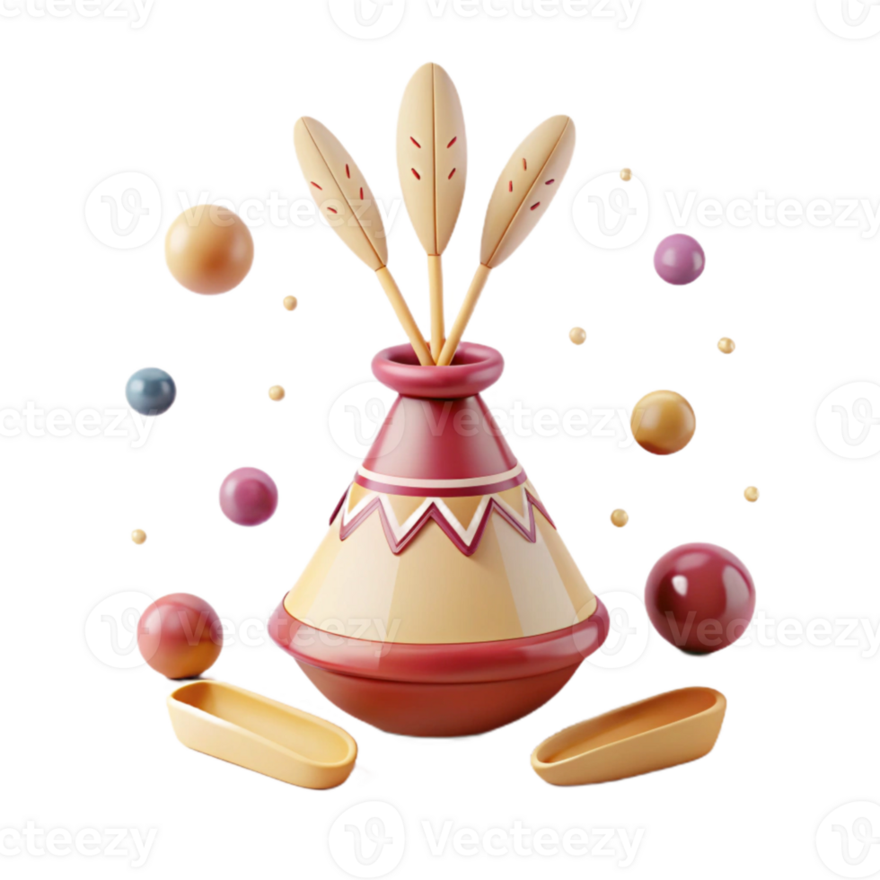 3D Rendered Pot with Feathers and Colorful Balls png