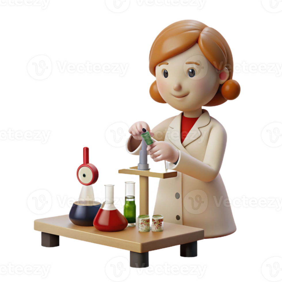 3D Cartoon Scientist Conducting Experiment with Beakers and Test Tubes png