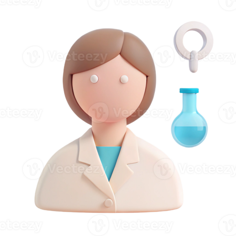 3D Cartoon Scientist Woman in Lab Coat with Beaker and Magnifying Glass png