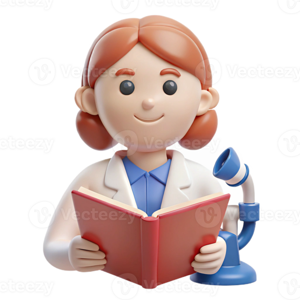 3D Cartoon Scientist Reading a Book png