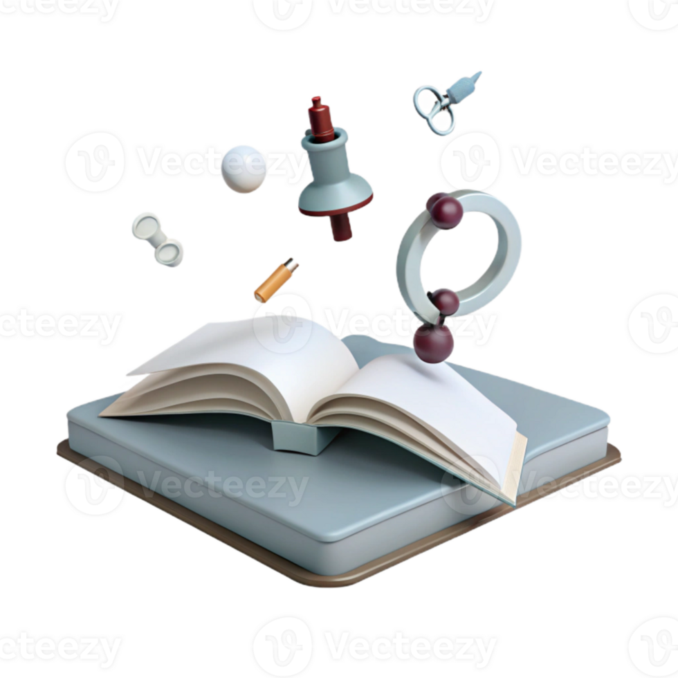Open Book with 3D Objects Exploring Creativity and Learning png