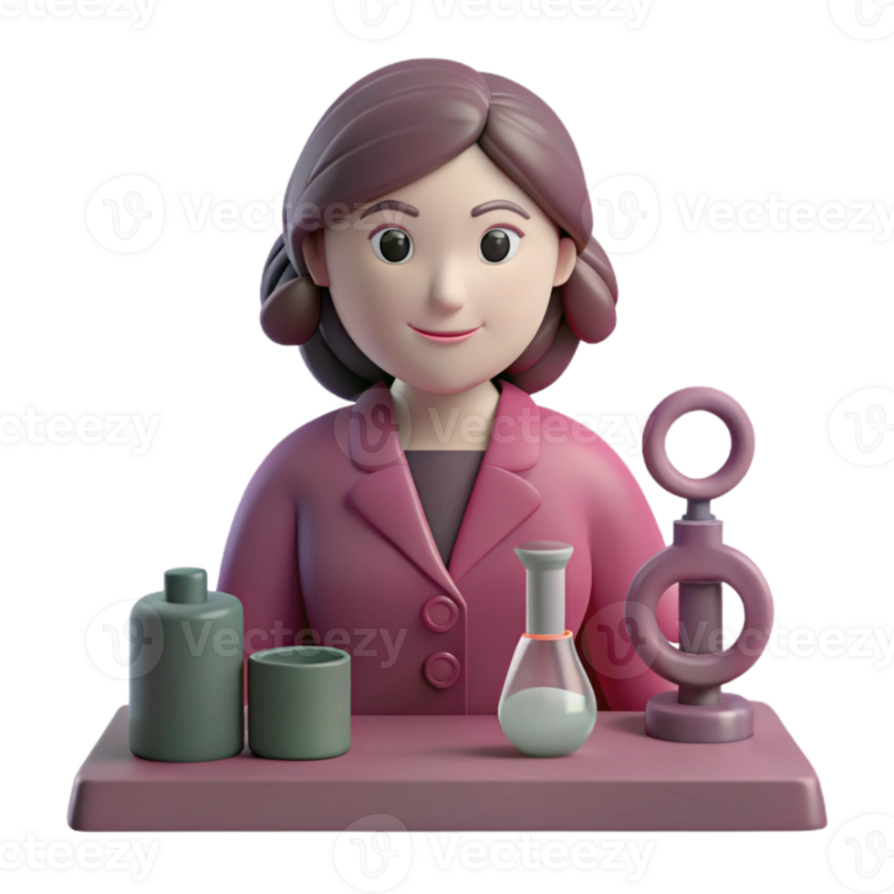 3D Cartoon Scientist Woman in Lab Coat with Flask png