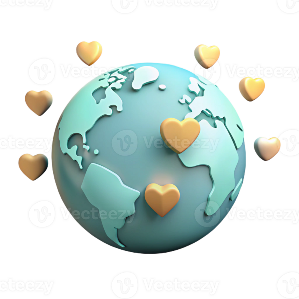 Global Love 3D Illustration of Earth Surrounded by Hearts png