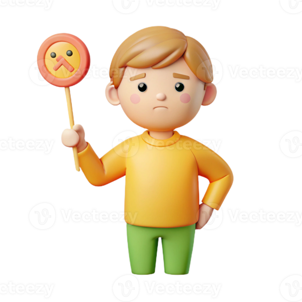 Sad Cartoon Boy Holding Up a Frown Emoji on a Stick 52570078 PNG