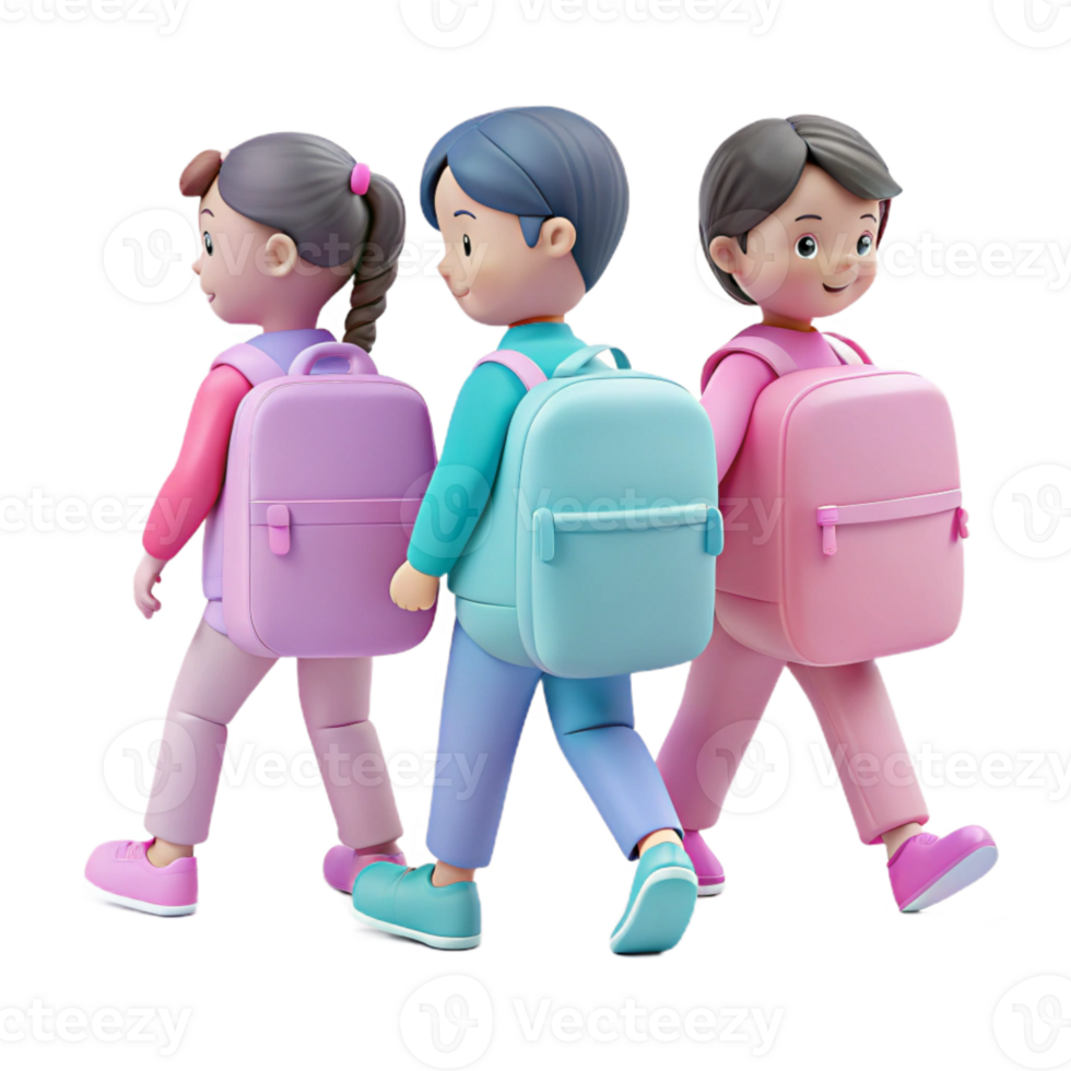 Three Cartoon Children Walking to School with Backpacks png