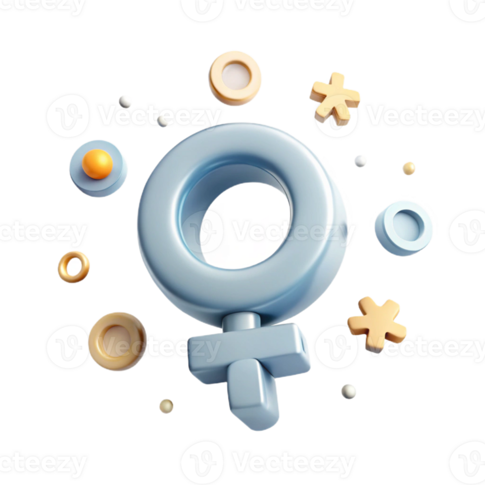 3D Render of Female Gender Symbol Surrounded by Abstract Shapes png