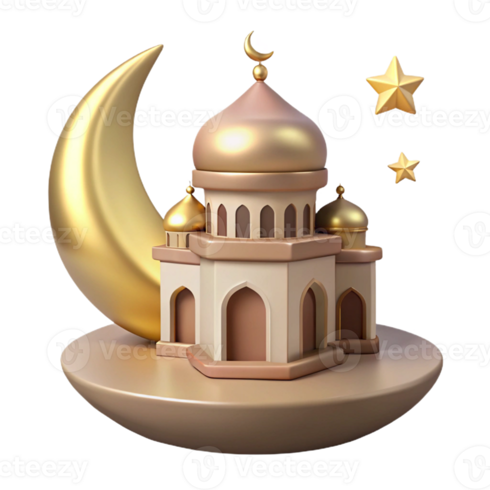 3D Illustration of a Mosque with a Crescent Moon and Stars png
