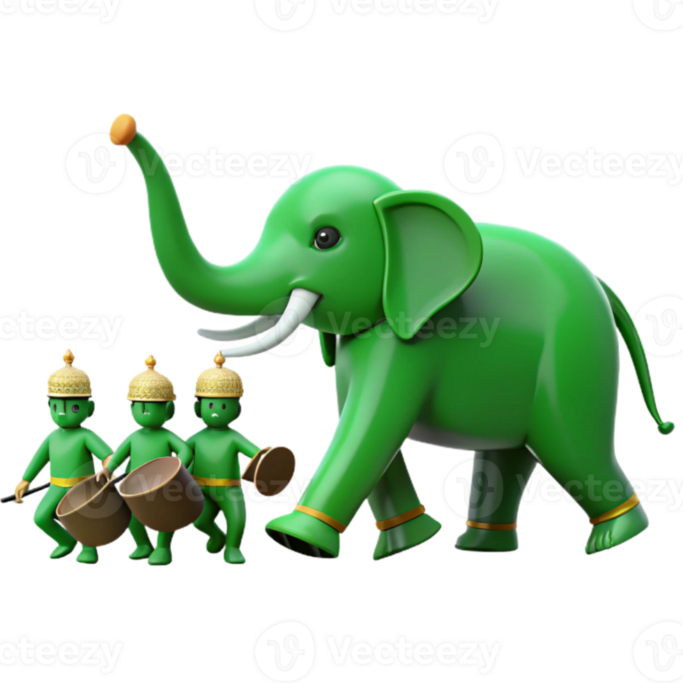 Green Elephant with Three Figures Playing Drums png