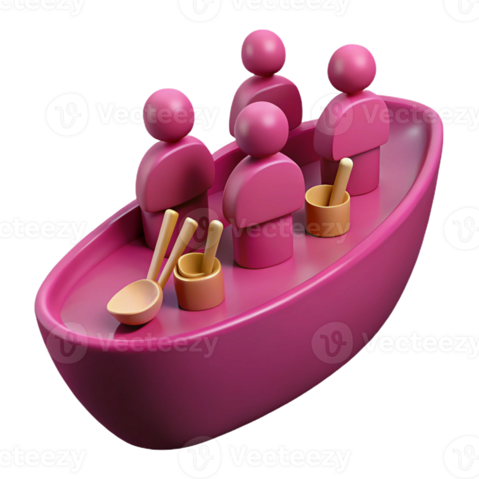 3D Render of Four People in a Boat with Spoons and Bowls png