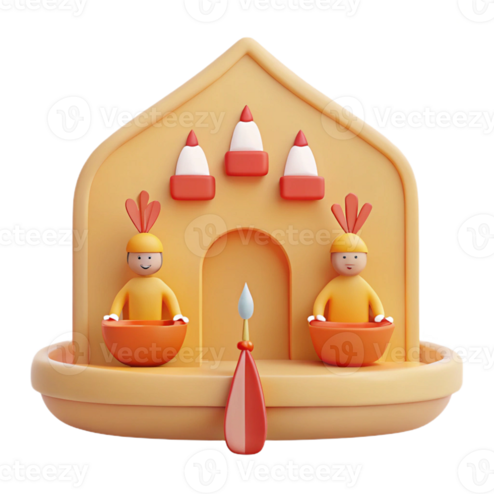 3D Illustration of Two Smiling Figures Holding Bowls in Front of a House-Shaped Structure png