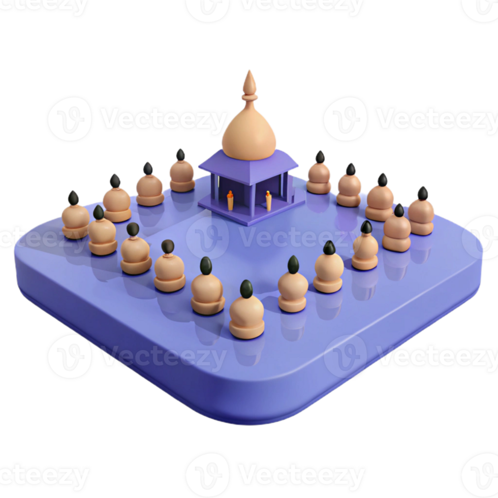 3D Render of a Purple Game Board with a Building in the Center and Surrounding Pieces png