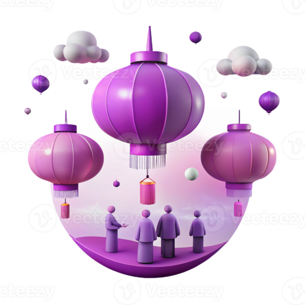 Purple Lanterns and Clouds in a 3D Render png
