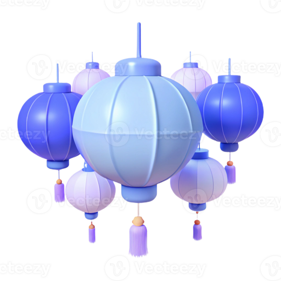 Group of Blue and White Lanterns with Tassels png