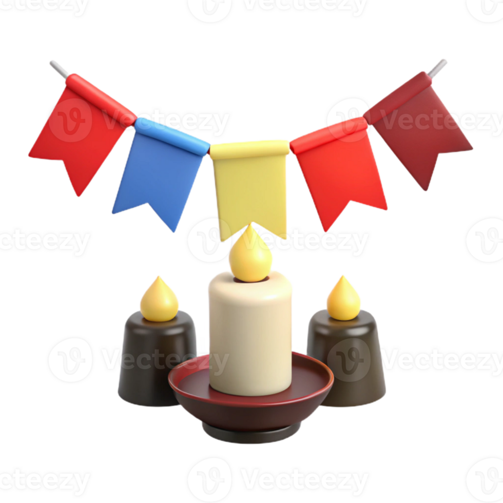 3D Render of Candles and Colorful Flags png