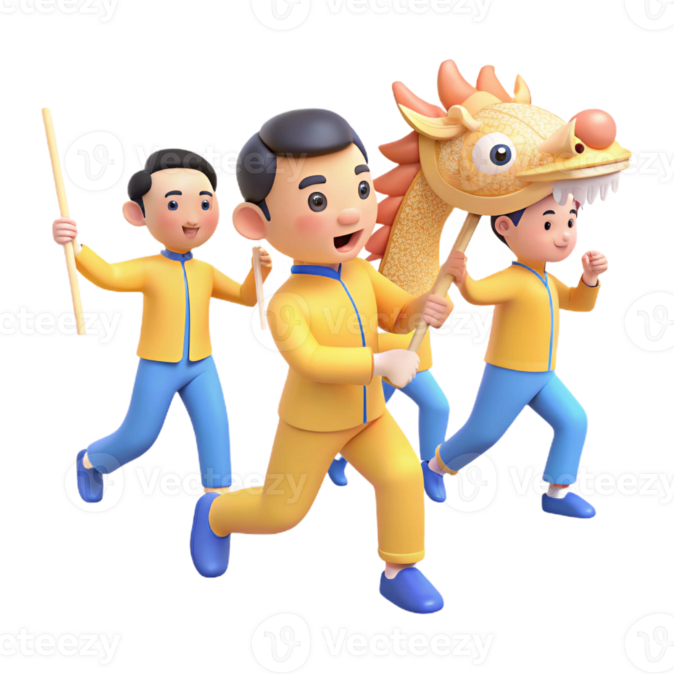 Three Cartoon Characters Performing a Traditional Dance with a Dragon Puppet png