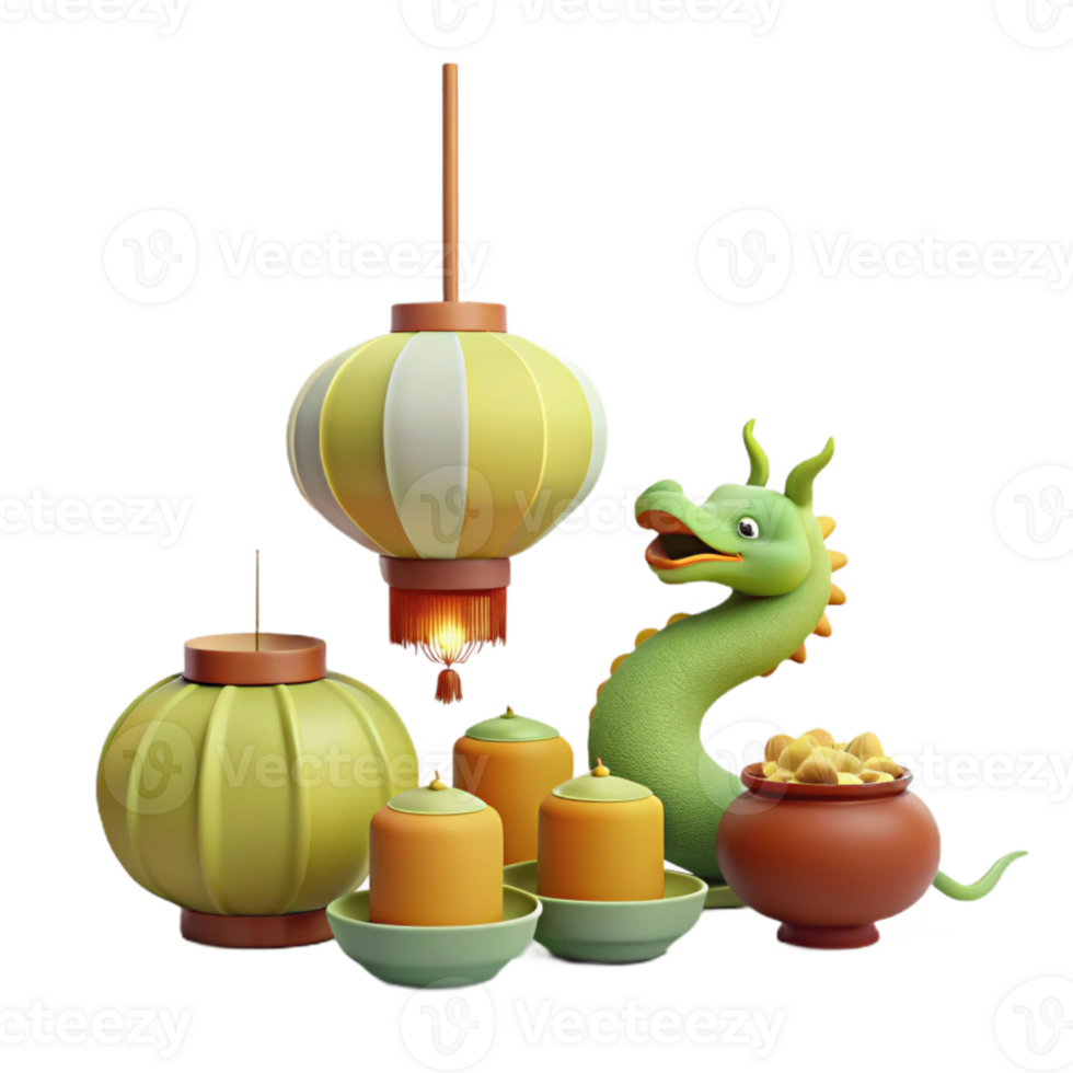 3D Illustration of a Festive Dragon with Lanterns and Pots png