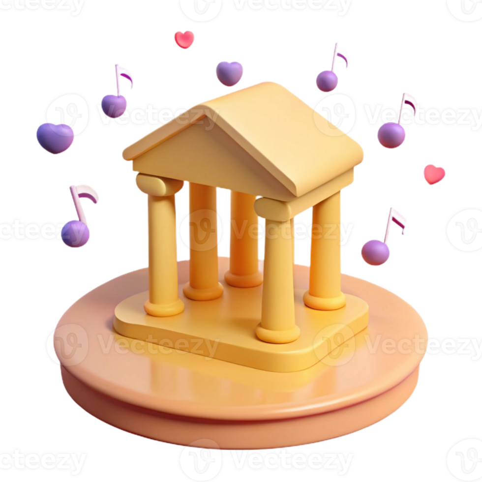 3D Render of a Temple with Music Notes and Hearts png