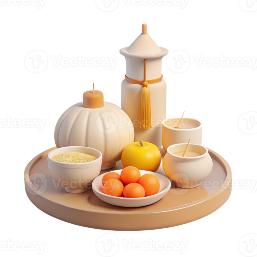 3D Rendered Still Life with Candles, Fruit, and Bowls png