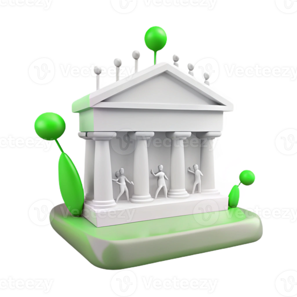 3D Render of a White Temple with Green Ornaments and People in Front png