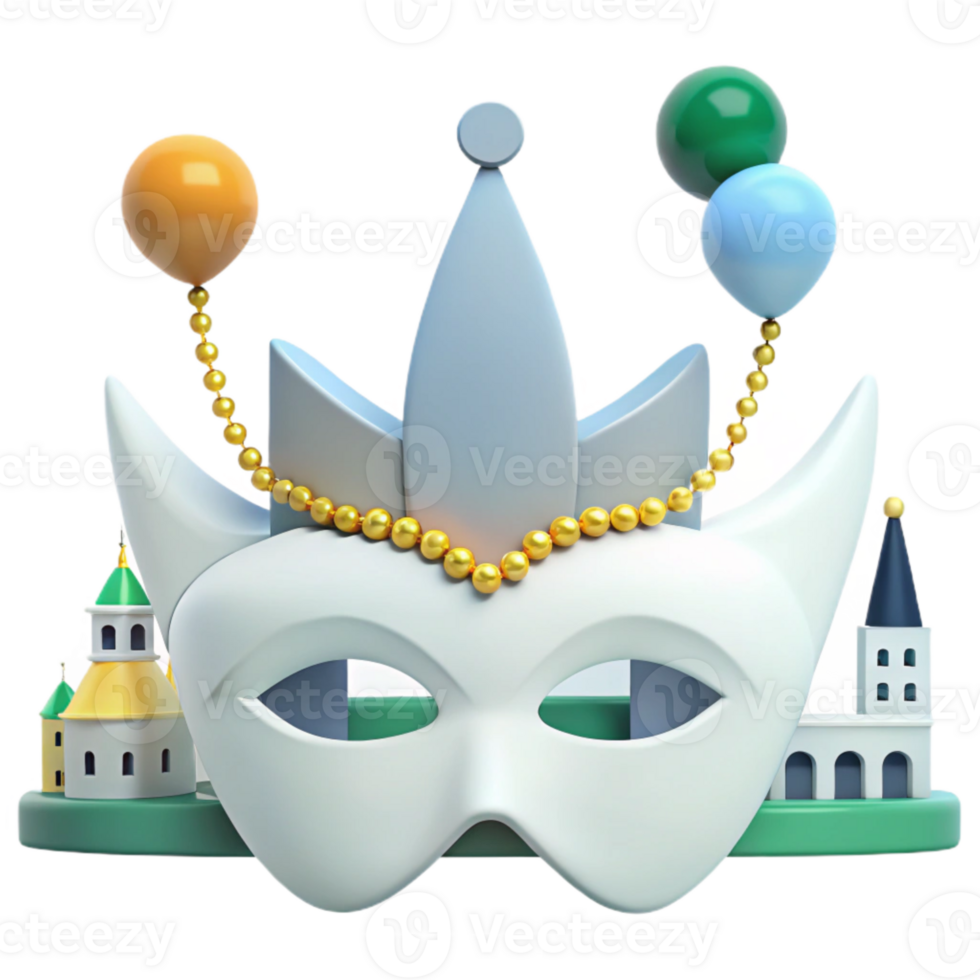 Masquerade Celebration 3D Render of a White Mask, Crown, Balloons, and Buildings png