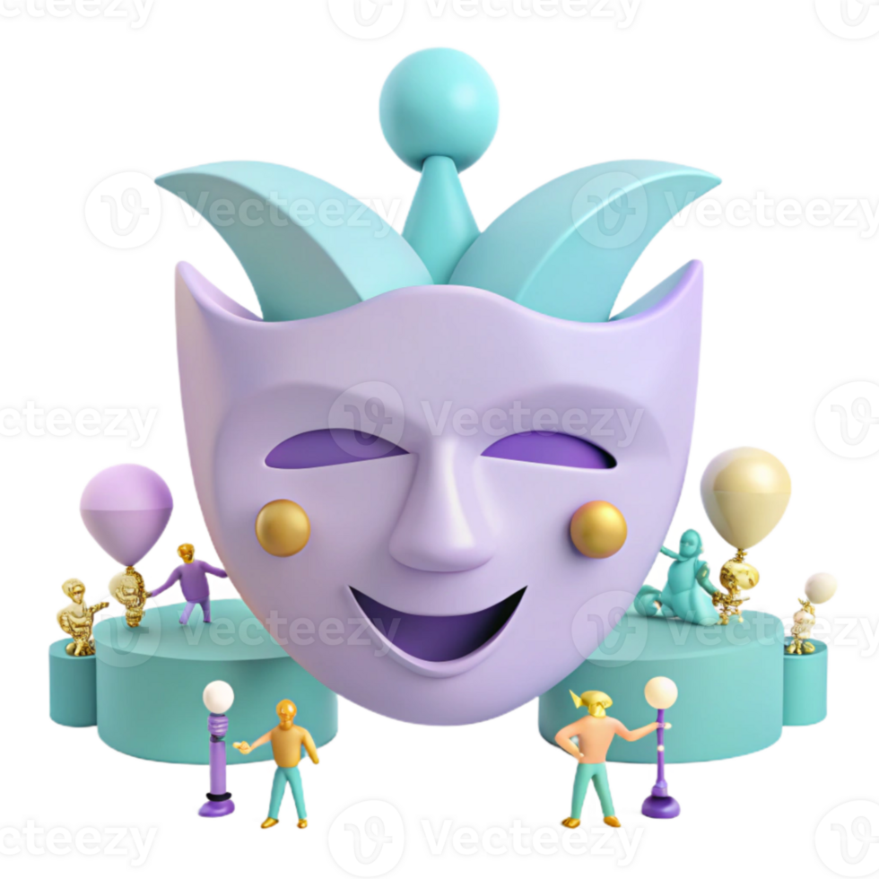 Smiling Mask with Tiny Figures and Balloons png
