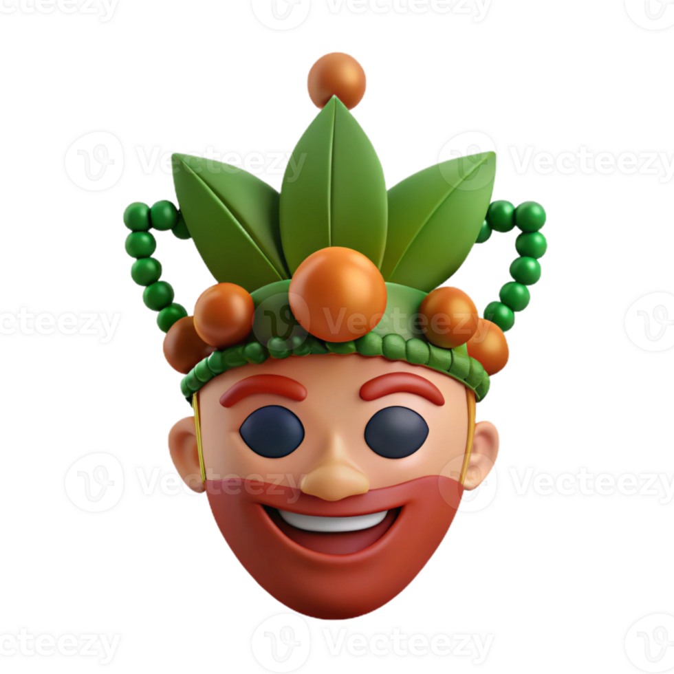 Smiling 3D Cartoon Character with Green Crown and Beads png
