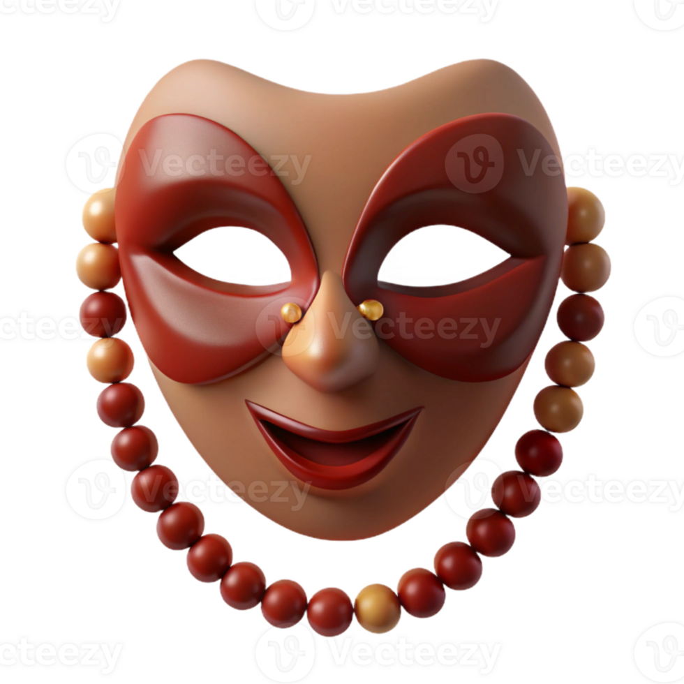 Smiling Red Carnival Mask with Beaded Necklace png
