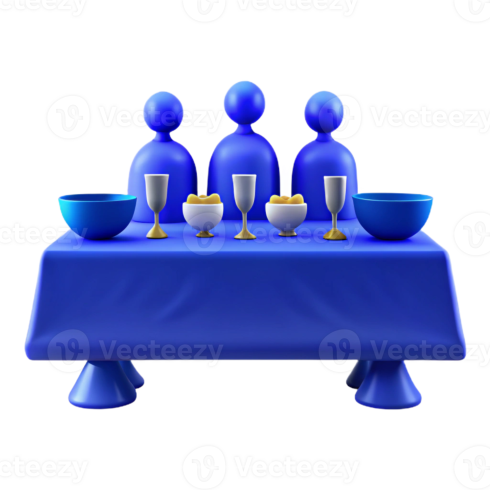 Three People Sitting at a Table with Blue Tablecloth and Gold Cups png
