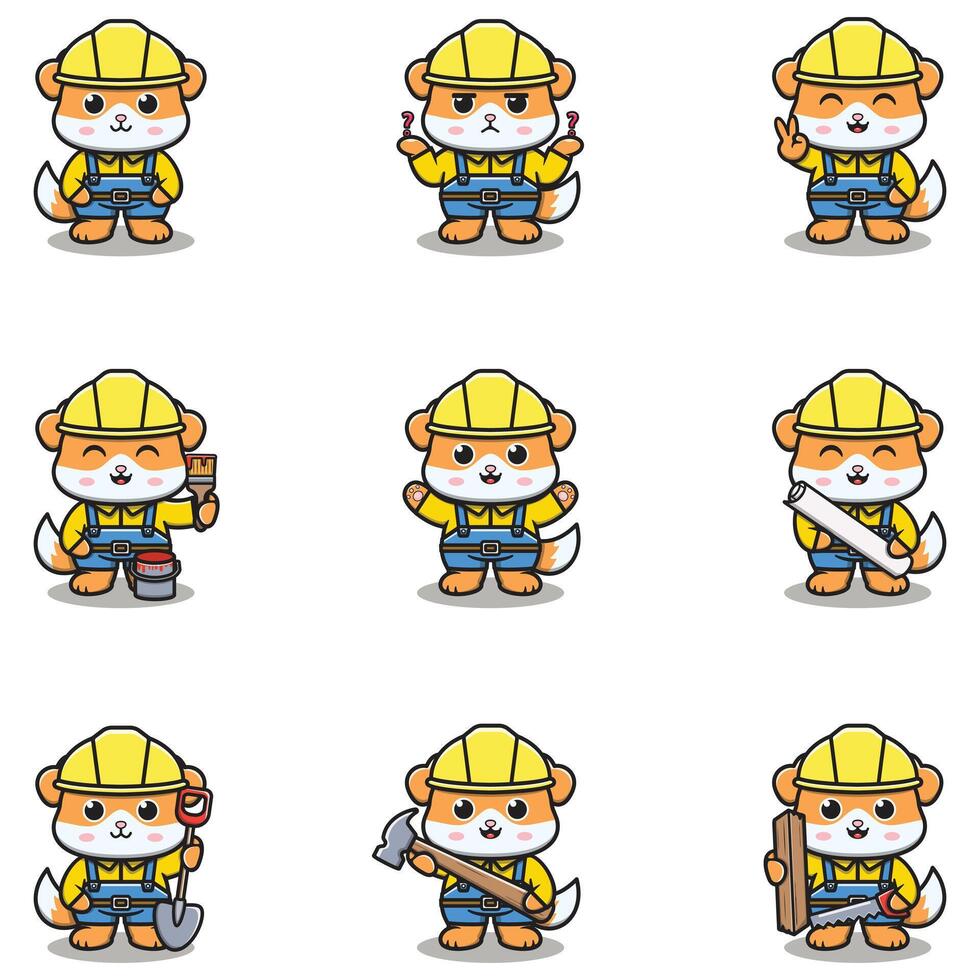 Cute Dog mascot works in construction. Cute Dog builder cartoon. Animal builders. vector