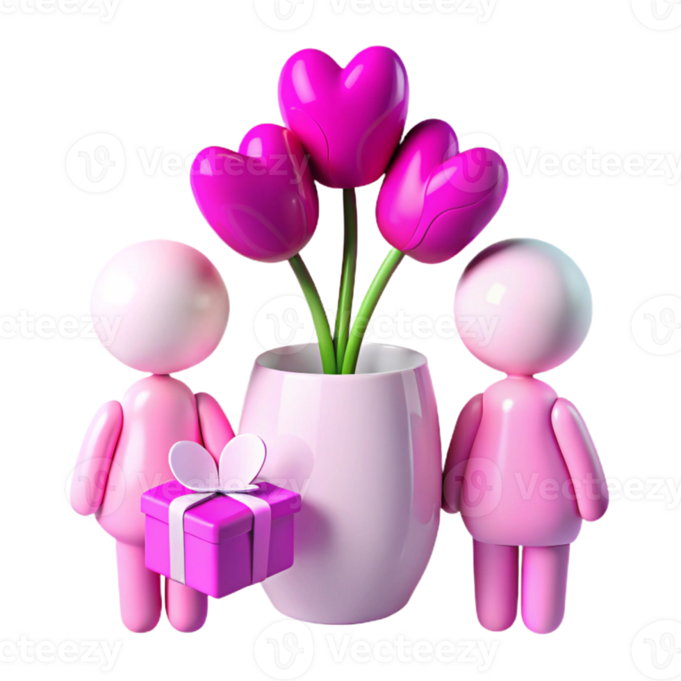 Cute 3D Characters with Heart-Shaped Flowers and Gift png