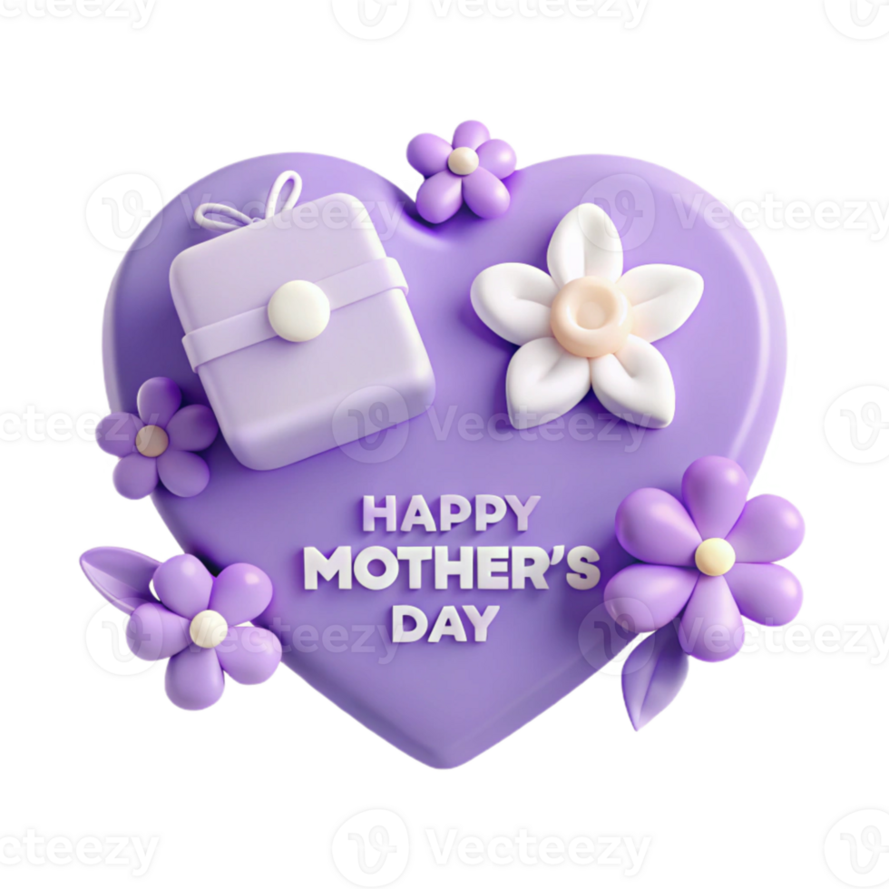 3D Purple Heart with Gift and Flowers for Happy Mother s Day png