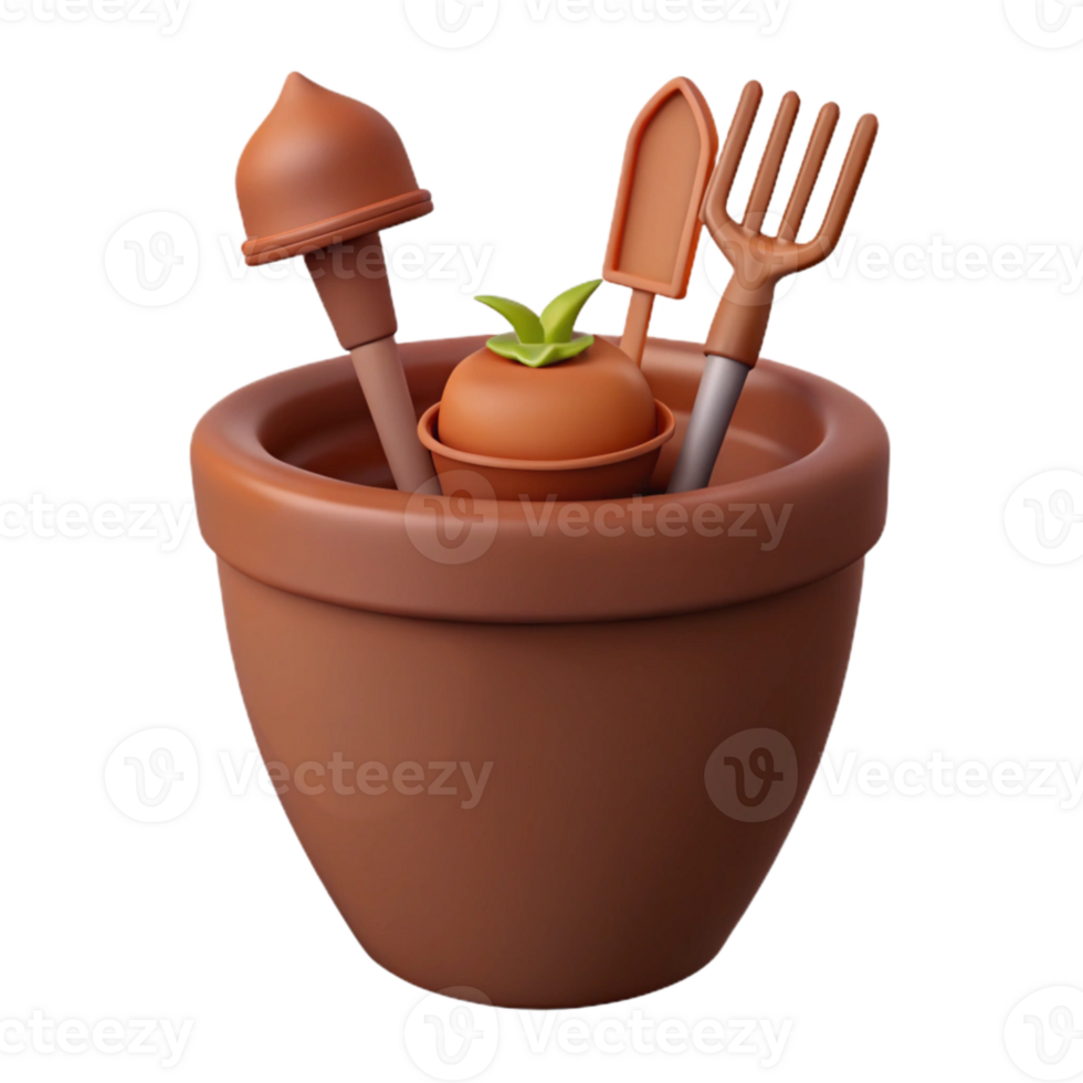 3D Render of Gardening Tools in Pot png