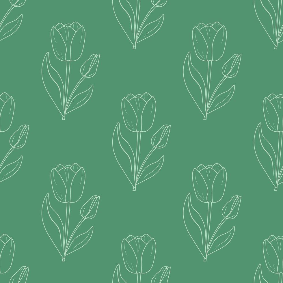 Pattern with the silhouette of a tulip flower on a dark green background, seamless pattern vector