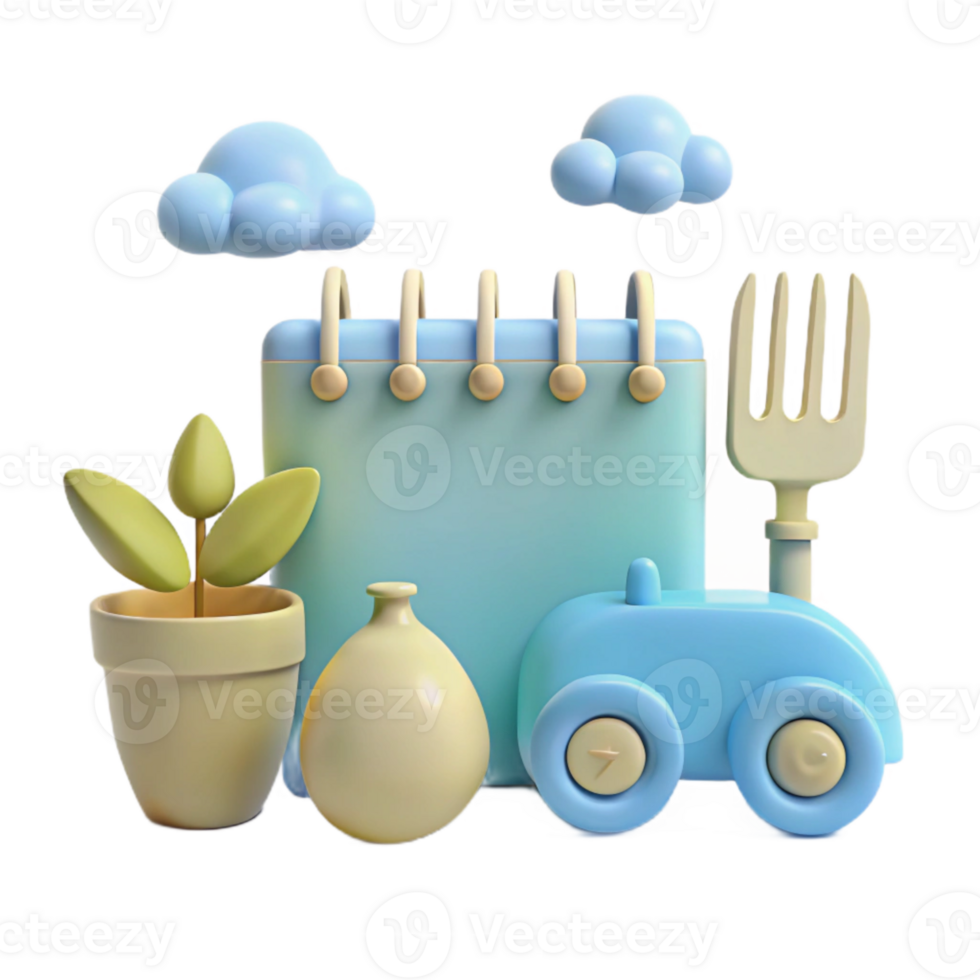 Cute 3D Rendered Illustration of a Tractor, Calendar, Plant, and Fork png