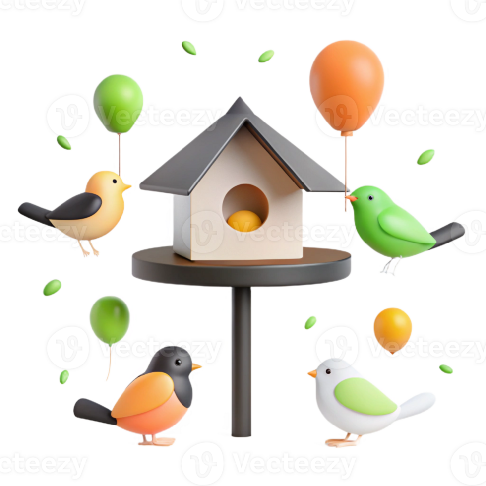 Cute Cartoon Birds with a Birdhouse and Balloons png